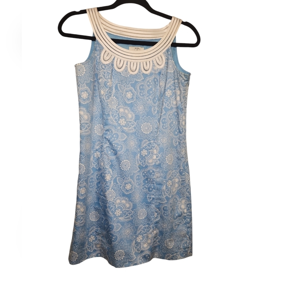 AnnTaylor Loft Blue/White Floral Pattern Sleeveless Applique Collar Dress 0P